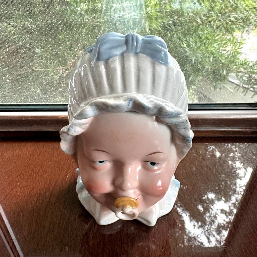 Vintage Baby Head Humidor Jar Ceramic Dresser Jar Pacifier Bonnet